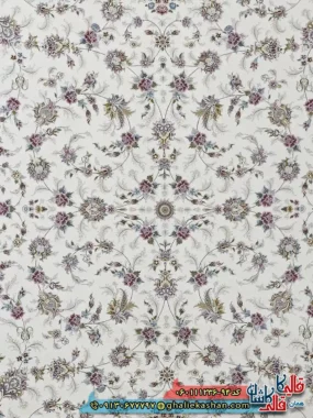فرش 1200 شانه طرح افشان دلوین رنگ سفید گل برجسته کاشان زمینه