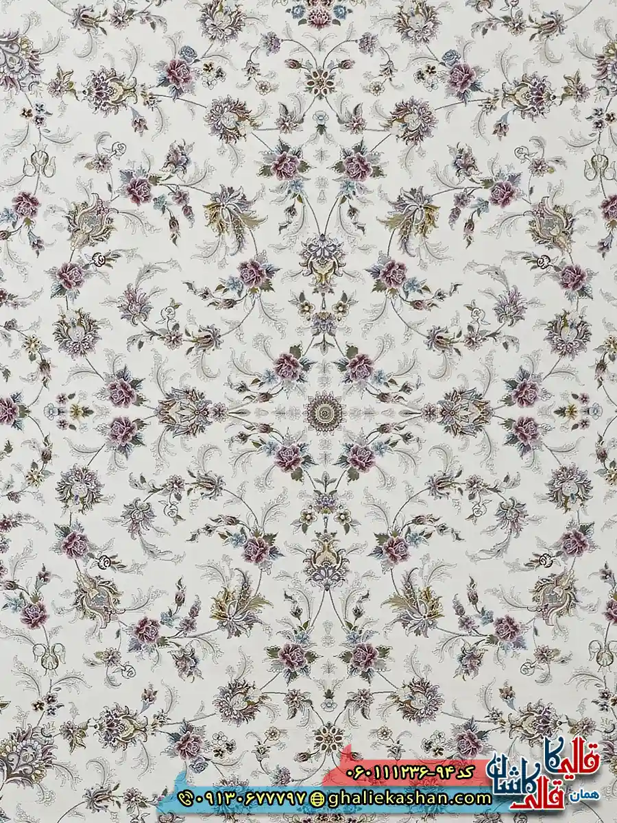 فرش 1200 شانه طرح افشان دلوین رنگ سفید گل برجسته کاشان زمینه