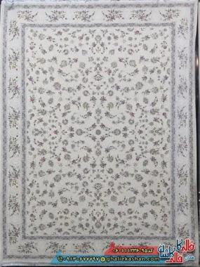فرش 1200 شانه طرح افشان دلوین رنگ کرم گل برجسته کاشان