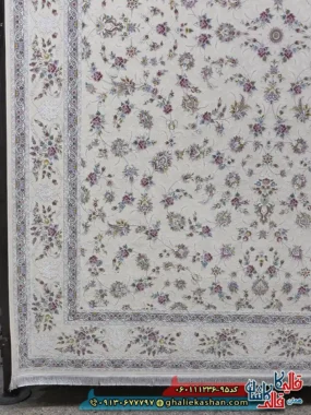 فرش 1200 شانه طرح افشان دلوین رنگ کرم گل برجسته کاشان حاشیه