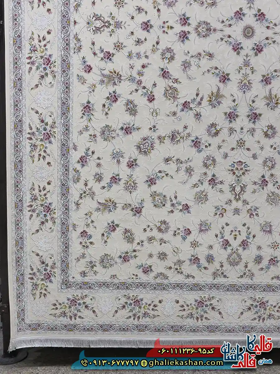 فرش 1200 شانه طرح افشان دلوین رنگ کرم گل برجسته کاشان حاشیه