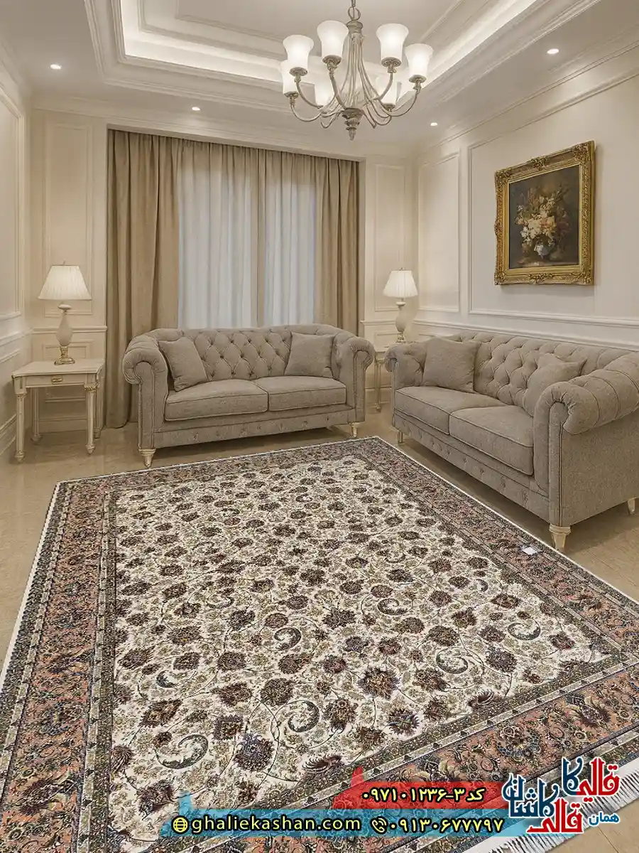 فرش 1200 شانه طرح افشان رنگ گلبهی کاشان دکوراسیون