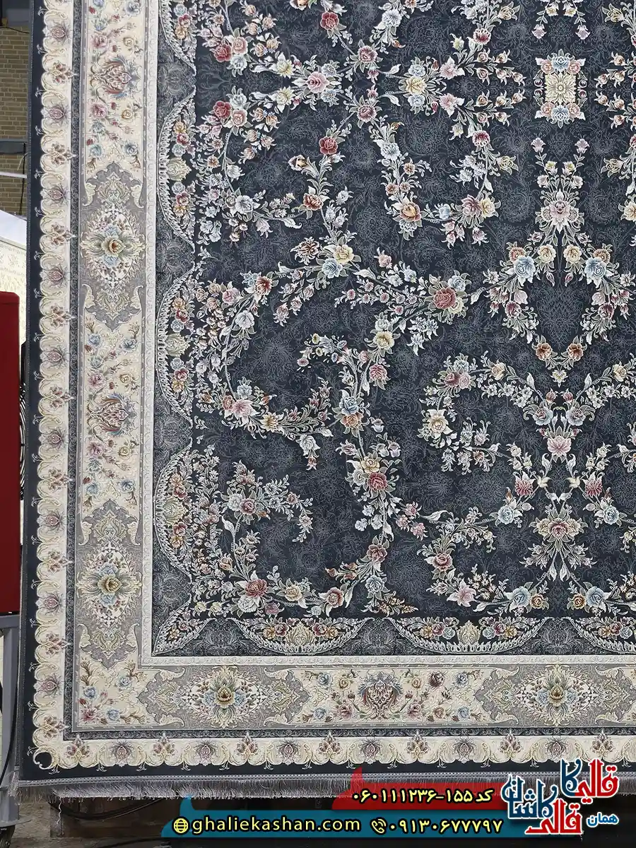 فرش 1200 شانه طرح افشان سارگل رنگ طوسی دودی گل برجسته کاشان حاشیه