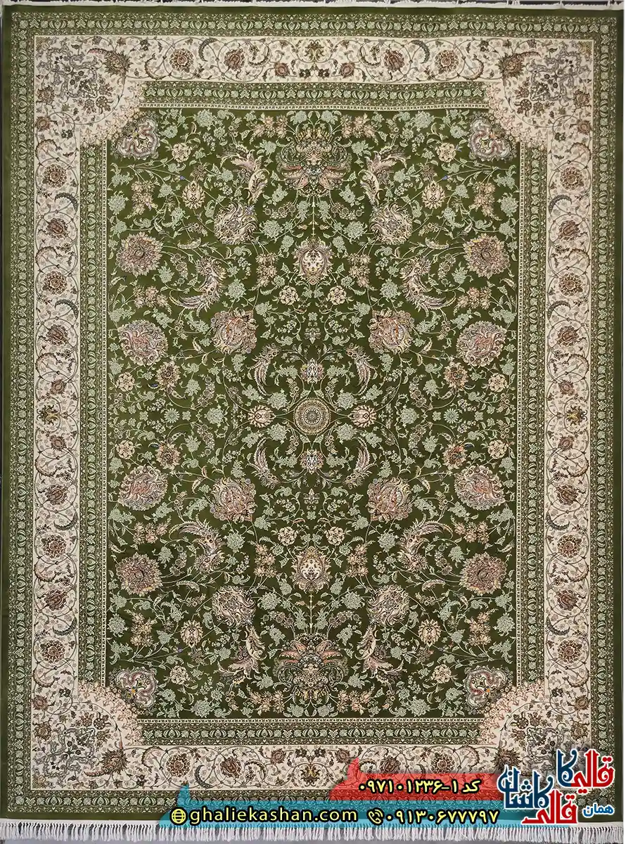 فرش 1200 شانه طرح افشان سلطنتی رنگ سبز کاشان اصلی