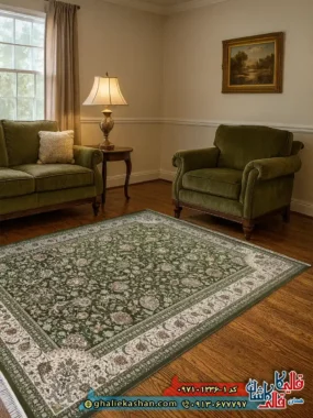 فرش 1200 شانه طرح افشان سلطنتی رنگ سبز کاشان