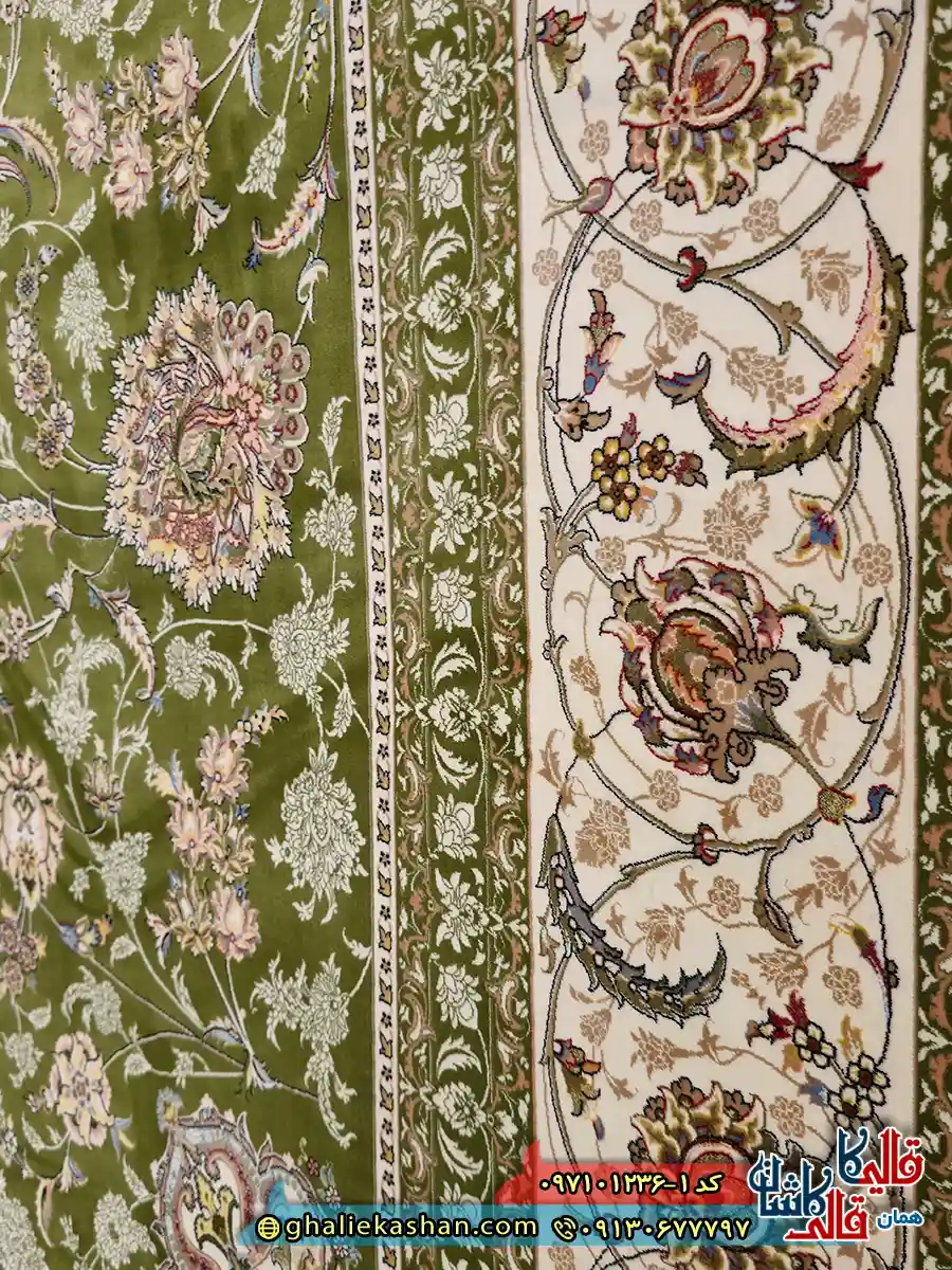 فرش 1200 شانه طرح افشان سلطنتی رنگ سبز کاشان نزدیک