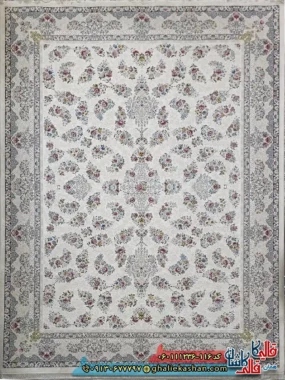 فرش 1200 شانه طرح افشان سیمین رنگ سفید گل برجسته کاشان