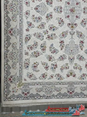 فرش 1200 شانه طرح افشان سیمین رنگ سفید گل برجسته کاشان حاشیه