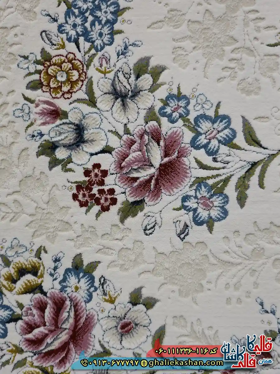 فرش 1200 شانه طرح افشان سیمین رنگ سفید گل برجسته کاشان نزدیک 2