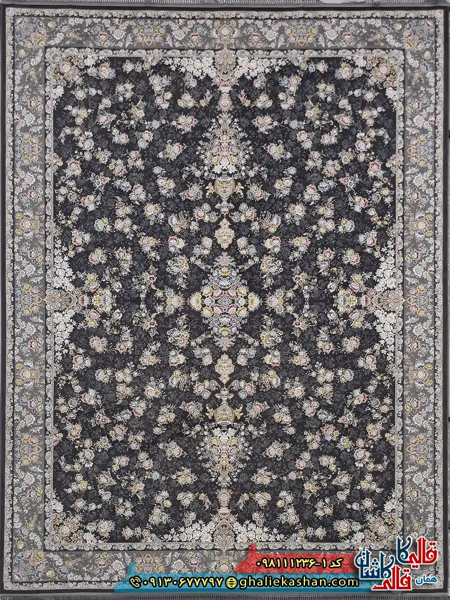 فرش 1200 شانه طرح افشان سیمین رنگ طوسی دودی گل برجسته کاشان اصلی