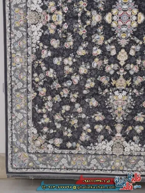 فرش 1200 شانه طرح افشان سیمین رنگ طوسی دودی گل برجسته کاشان حاشیه