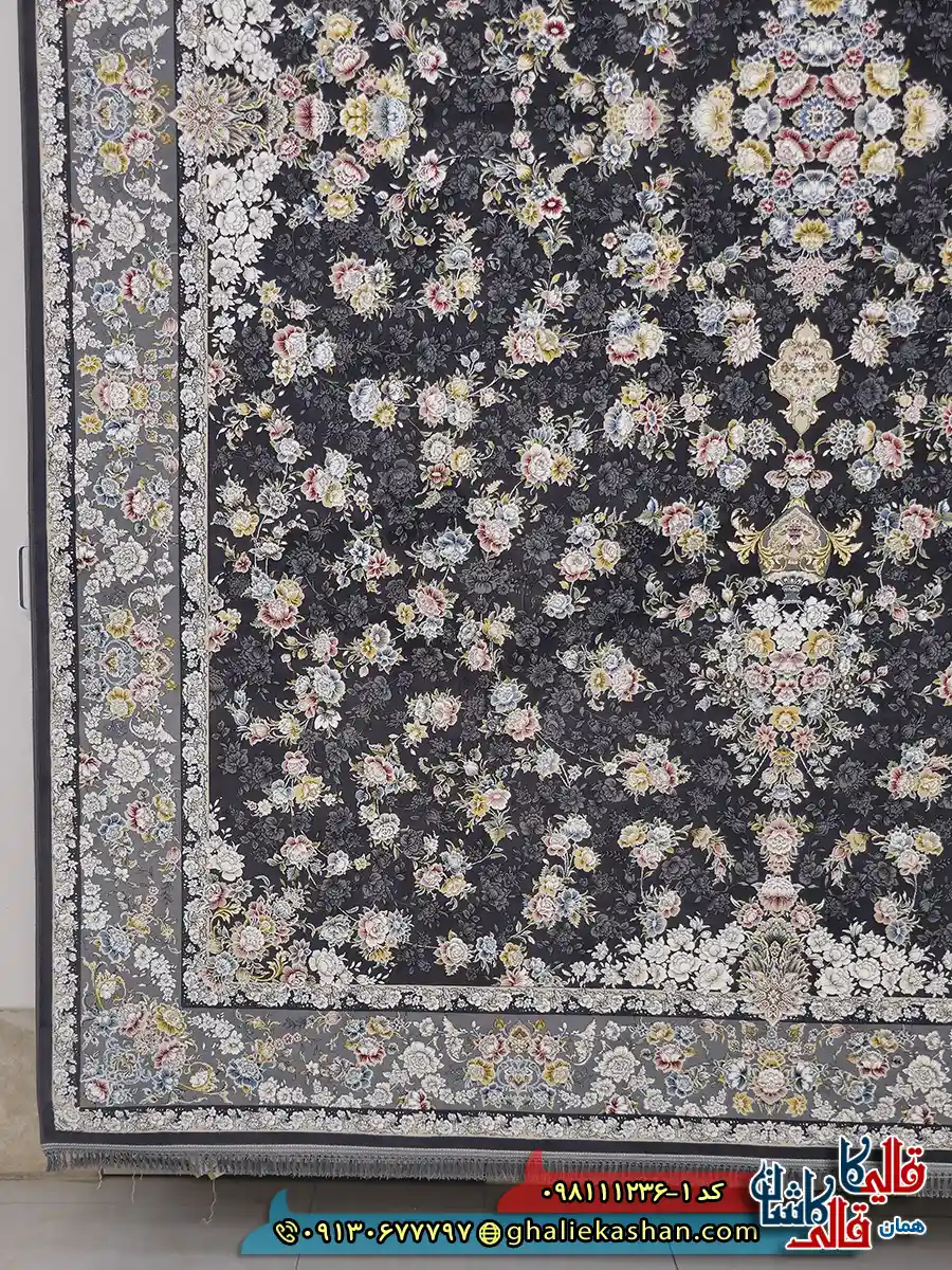فرش 1200 شانه طرح افشان سیمین رنگ طوسی دودی گل برجسته کاشان حاشیه