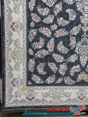 فرش 1200 شانه طرح افشان سیمین رنگ طوسی دودی گل برجسته کاشان حاشیه