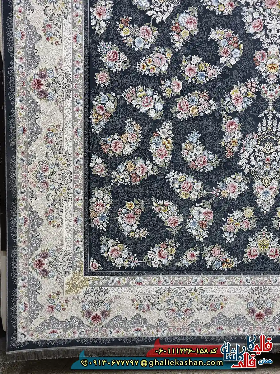 فرش 1200 شانه طرح افشان سیمین رنگ طوسی دودی گل برجسته کاشان حاشیه