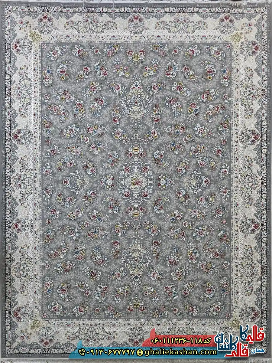 فرش 1200 شانه طرح افشان سیمین رنگ طوسی نقره ای گل برجسته کاشان اصلی فرش 1200 شانه طرح افشان سیمین رنگ طوسی نقره ای گل برجسته کاشان اصلی