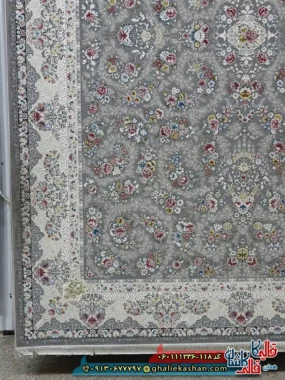 فرش 1200 شانه طرح افشان سیمین رنگ طوسی نقره ای گل برجسته کاشان حاشیه