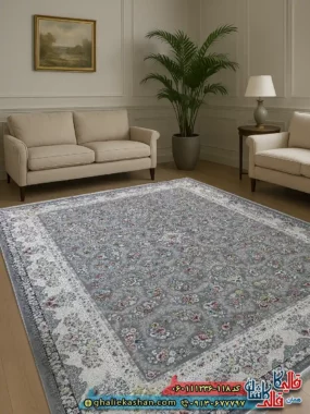 فرش 1200 شانه طرح افشان سیمین رنگ طوسی نقره ای گل برجسته کاشان