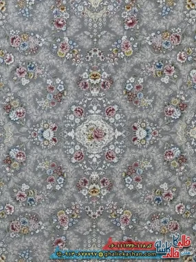 فرش 1200 شانه طرح افشان سیمین رنگ طوسی نقره ای گل برجسته کاشان زمینه