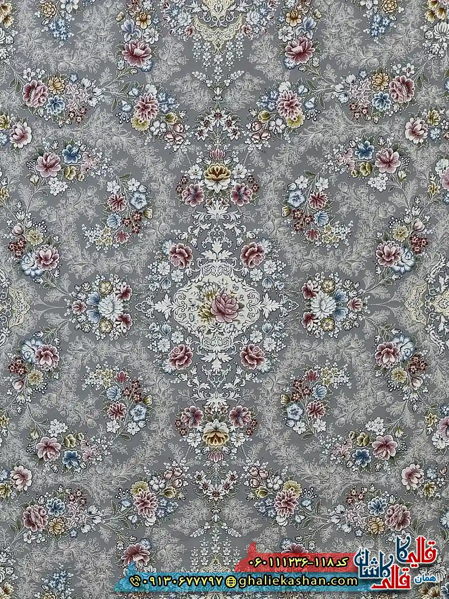 فرش 1200 شانه طرح افشان سیمین رنگ طوسی نقره ای گل برجسته کاشان زمینه