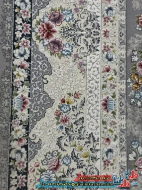 فرش 1200 شانه طرح افشان سیمین رنگ طوسی نقره ای گل برجسته کاشان نزدیک