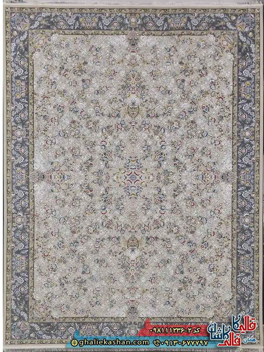 فرش 1200 شانه طرح افشان سیمین رنگ کرم گل برجسته کاشان اصلی