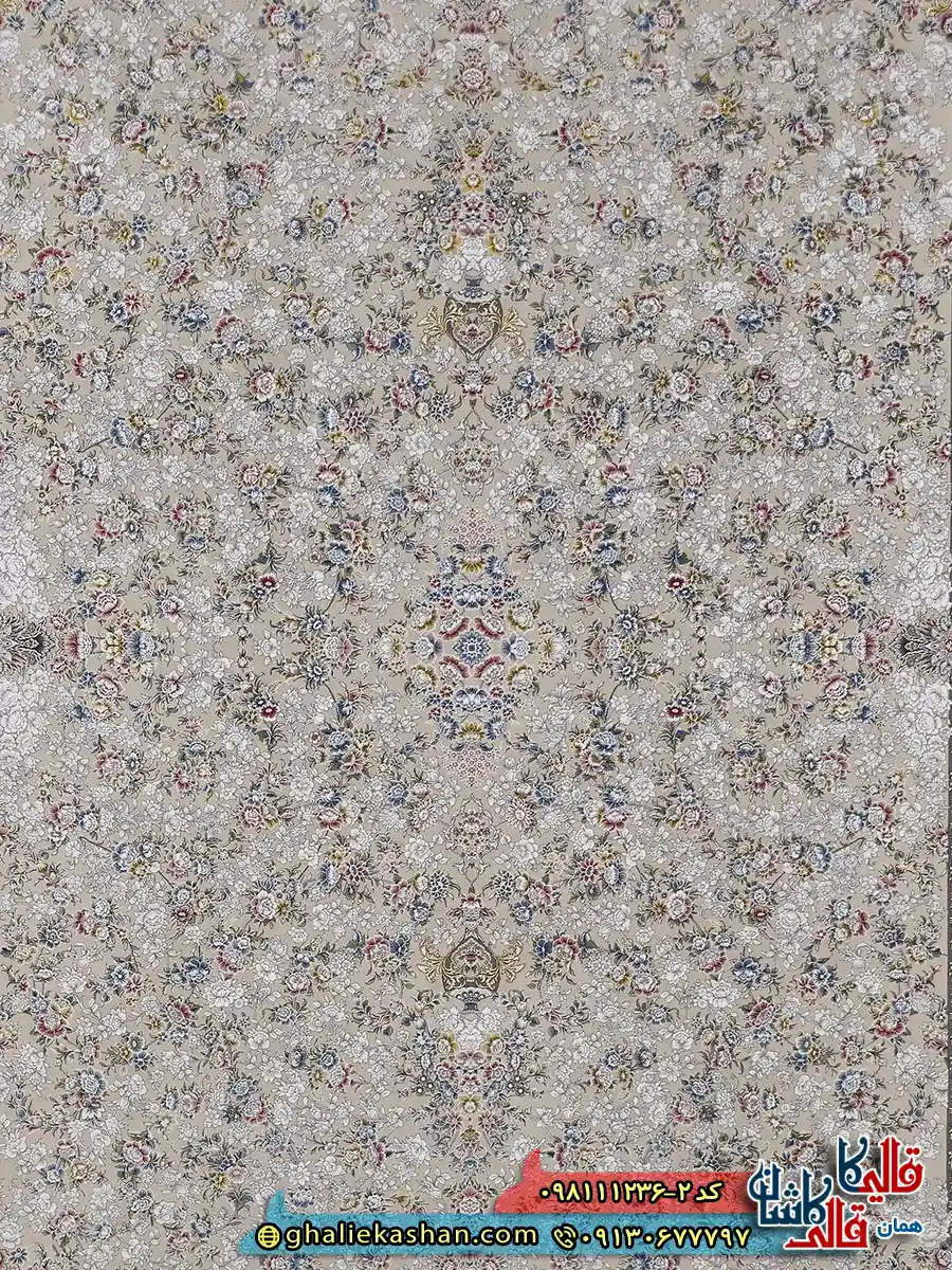 فرش 1200 شانه طرح افشان سیمین رنگ کرم گل برجسته کاشان زمینه