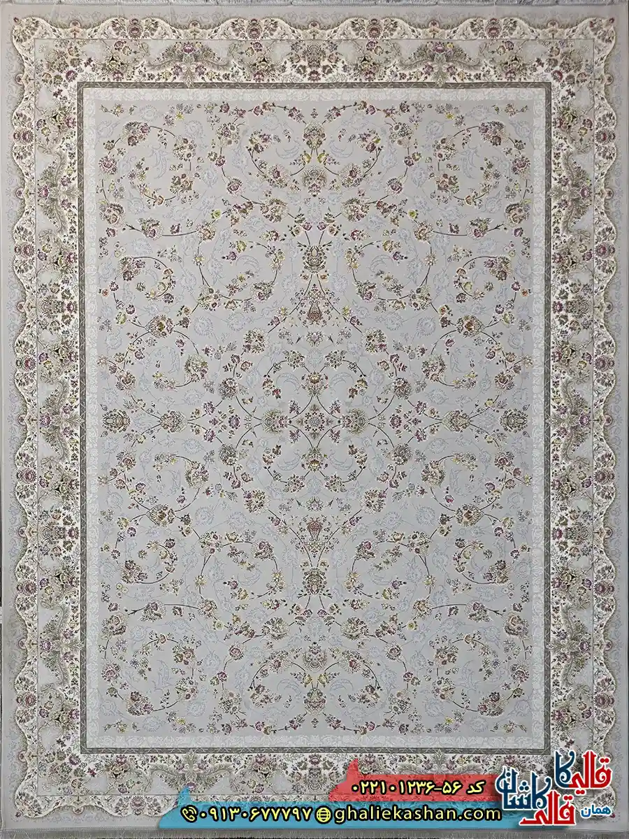 فرش 1200 شانه طرح افشان شاهرخ رنگ طوسی سیلور کاشان اصلی