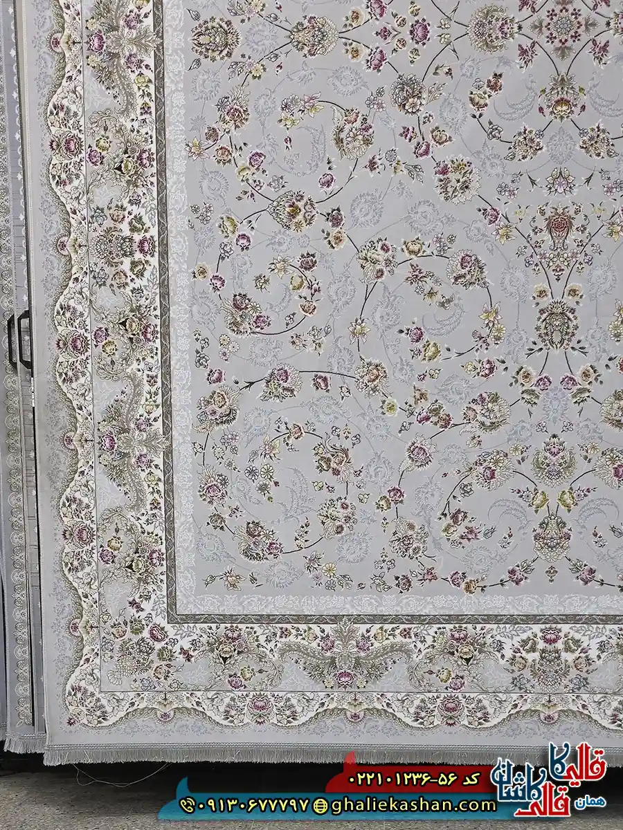 فرش 1200 شانه طرح افشان شاهرخ رنگ طوسی سیلور کاشان حاشیه