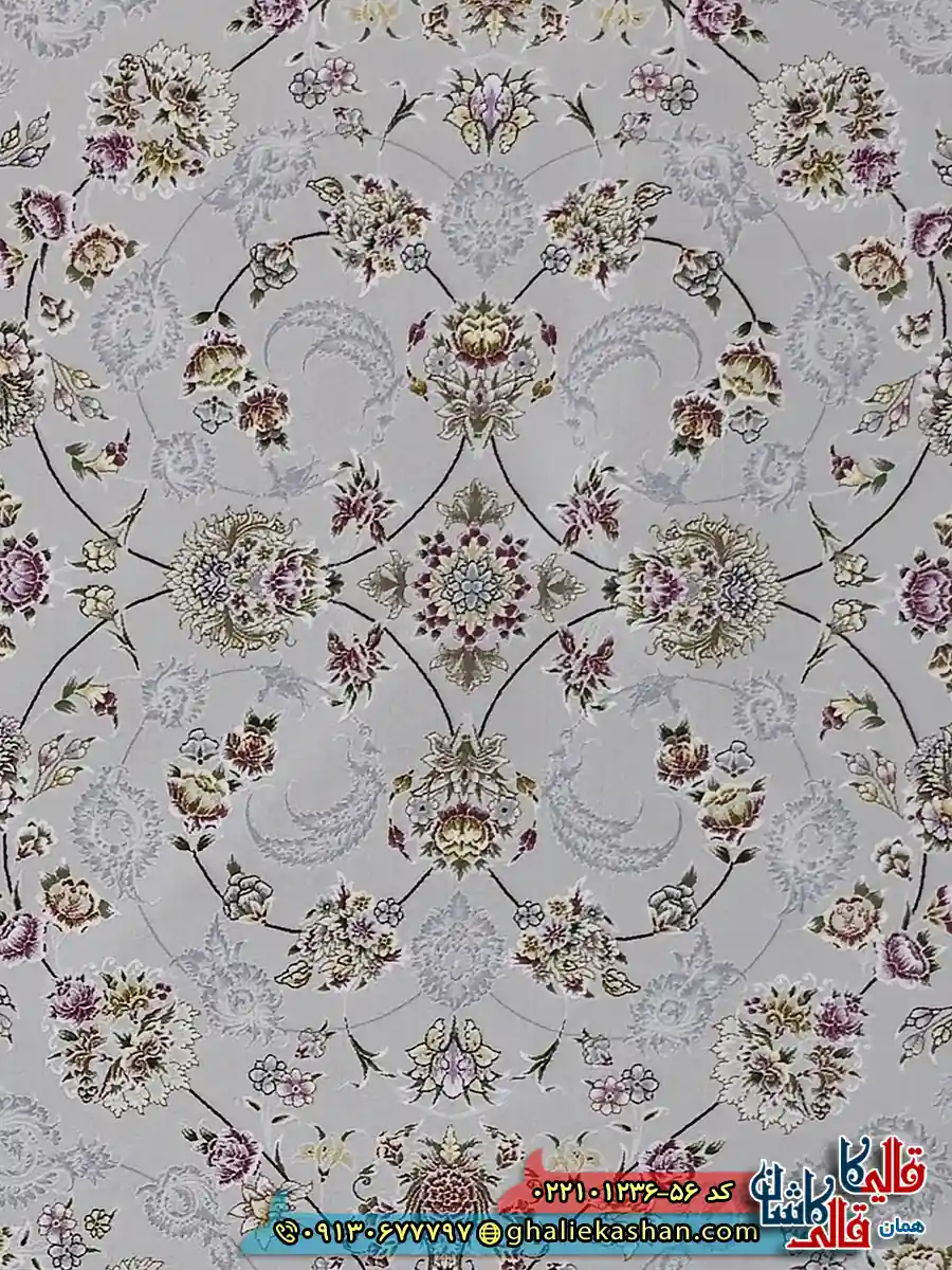 فرش 1200 شانه طرح افشان شاهرخ رنگ طوسی سیلور کاشان زمینه