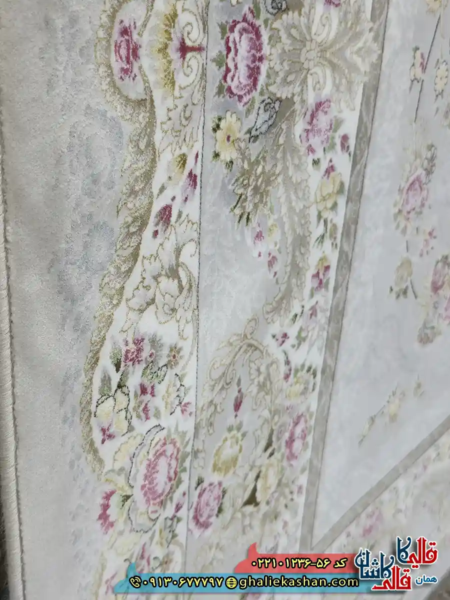 فرش 1200 شانه طرح افشان شاهرخ رنگ طوسی سیلور کاشان نزدیک