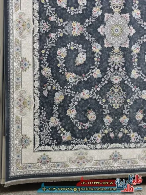 فرش 1200 شانه طرح افشان مهتاب رنگ طوسی دودی گل برجسته کاشان حاشیه