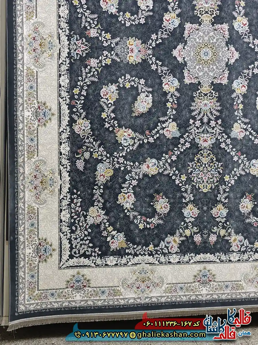 فرش 1200 شانه طرح افشان مهتاب رنگ طوسی دودی گل برجسته کاشان حاشیه