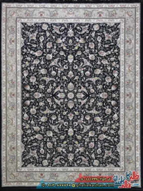 فرش 1200 شانه طرح افشان نارسیس رنگ سرمه ای گل برجسته کاشان