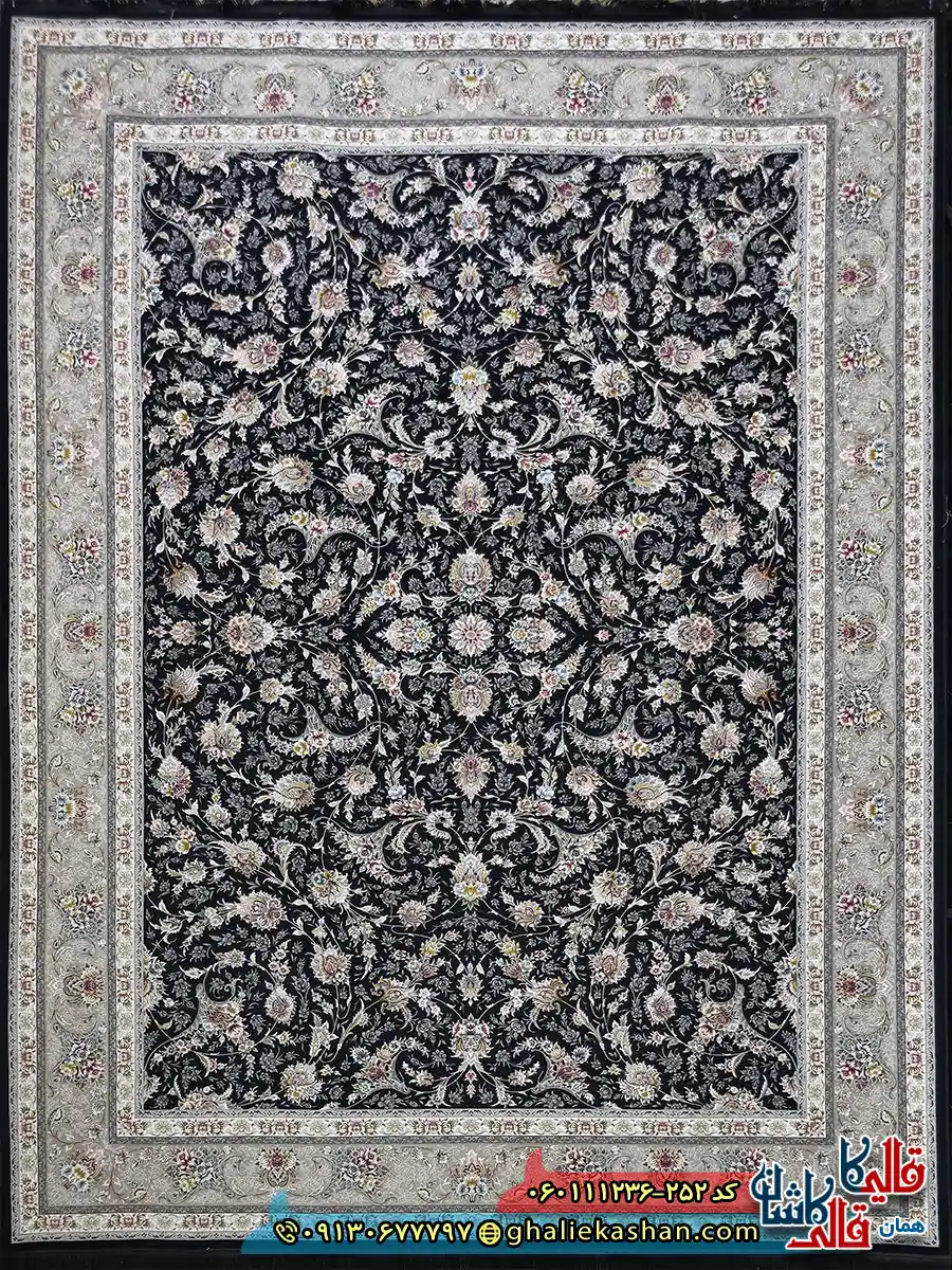 فرش 1200 شانه طرح افشان نارسیس رنگ سرمه ای گل برجسته کاشان اصلی