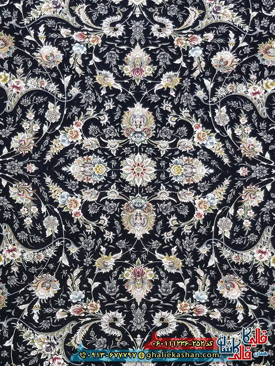 فرش 1200 شانه طرح افشان نارسیس رنگ سرمه ای گل برجسته کاشان زمینه