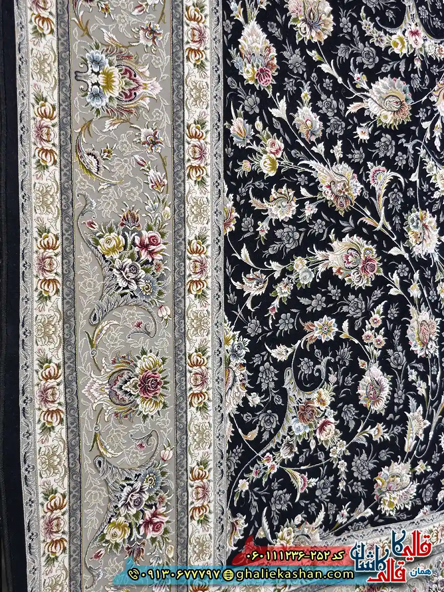 فرش 1200 شانه طرح افشان نارسیس رنگ سرمه ای گل برجسته کاشان نزدیک