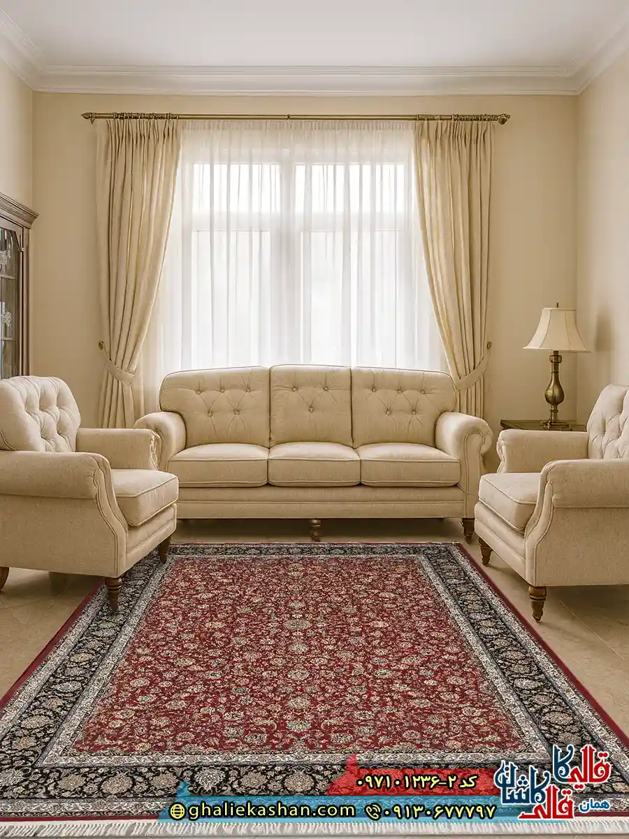 فرش 1200 شانه طرح افشان کاشان رنگ قرمز لاکی دکوراسیون