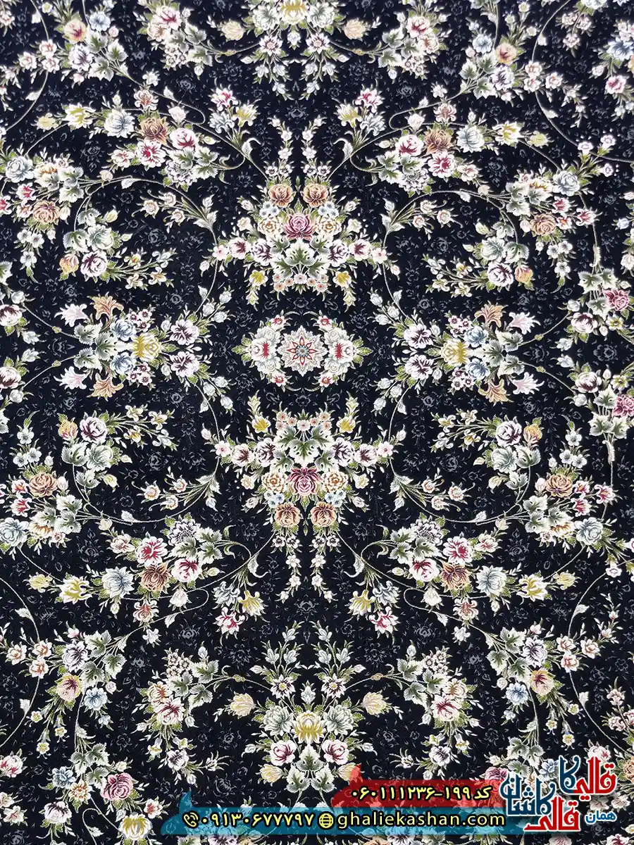 فرش 1200 شانه طرح افشان یاشار رنگ سرمه ای گل برجسته کاشان زمینه