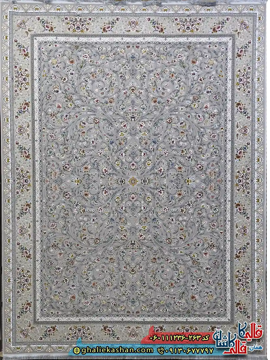 فرش 1200 شانه طرح افشان یونا رنگ طوسی نقره ای گل برجسته کاشان اصلی