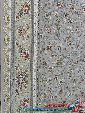 فرش 1200 شانه طرح افشان یونا رنگ طوسی نقره ای گل برجسته کاشان نزدیک