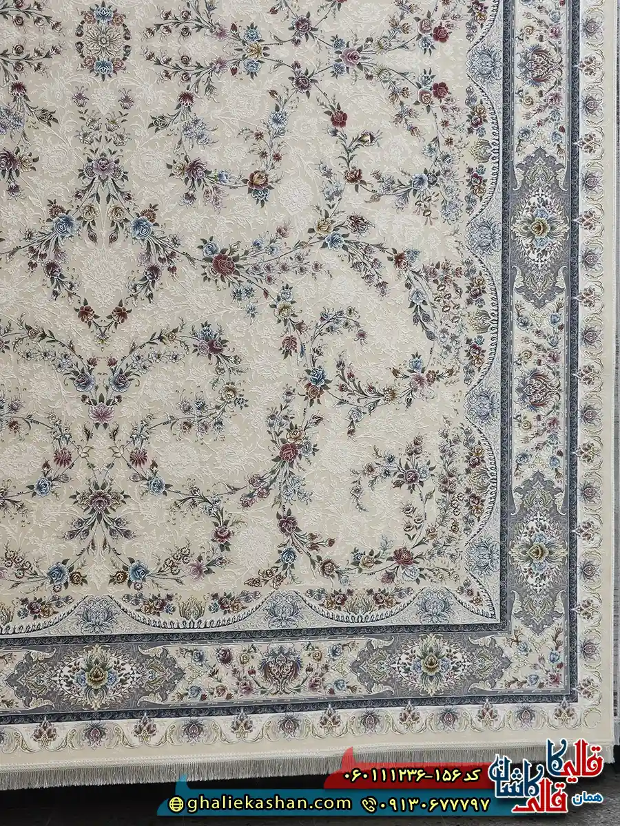 فرش 1200 شانه طرح اقشان سارگل رنگ کرم گل برجسته کاشان حاشیه