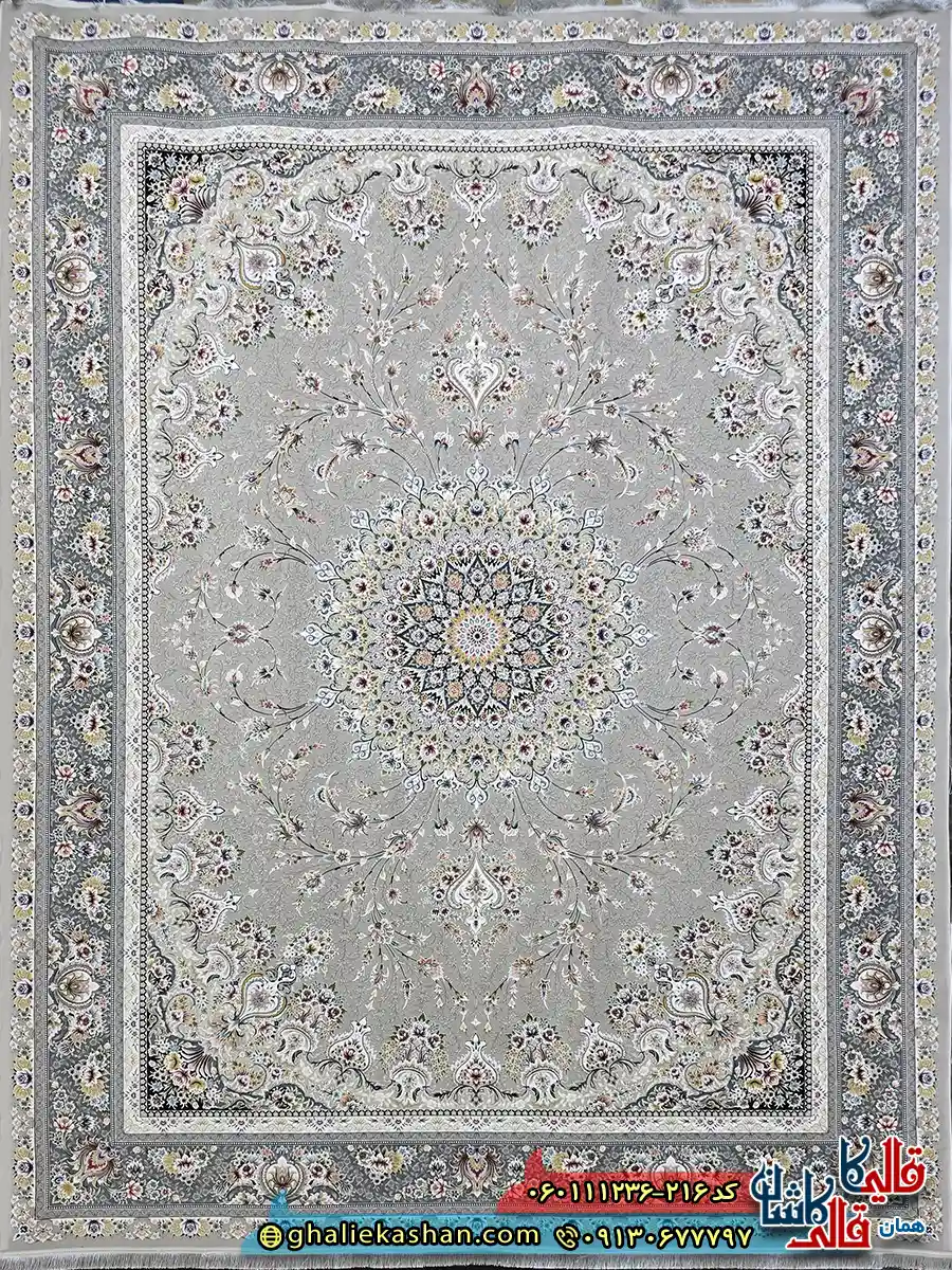 فرش 1200 شانه طرح بردیا رنگ طوسی نقره ای گل برجسته کاشان اصلی فرش 1200 شانه طرح بردیا رنگ طوسی نقره ای گل برجسته کاشان اصلی