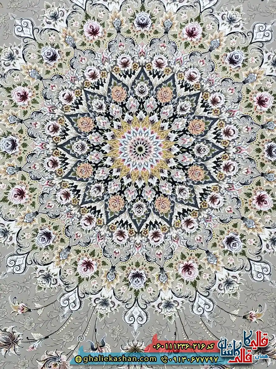 فرش 1200 شانه طرح بردیا رنگ طوسی نقره ای گل برجسته کاشان زمینه