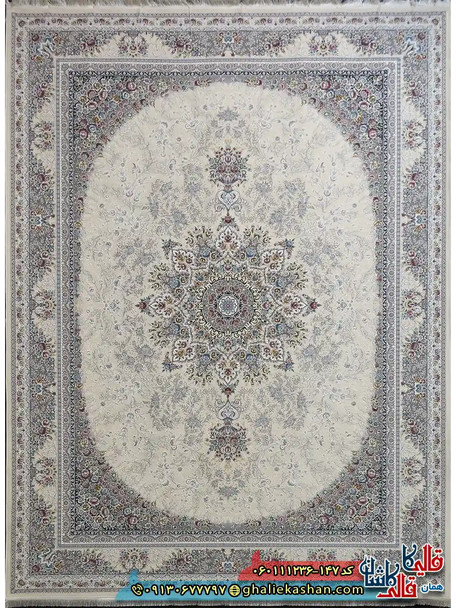 فرش 1200 شانه طرح برسان رنگ کرم گل برجسته کاشان اصلی