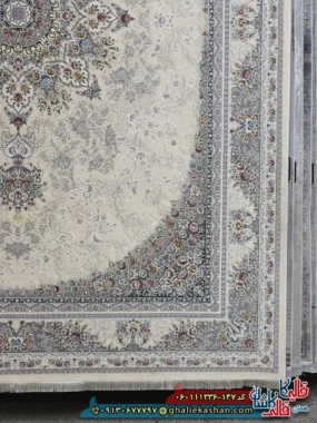 فرش 1200 شانه طرح برسان رنگ کرم گل برجسته کاشان حاشیه