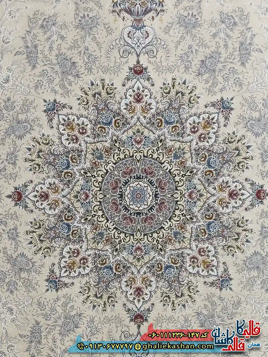 فرش 1200 شانه طرح برسان رنگ کرم گل برجسته کاشان زمینه