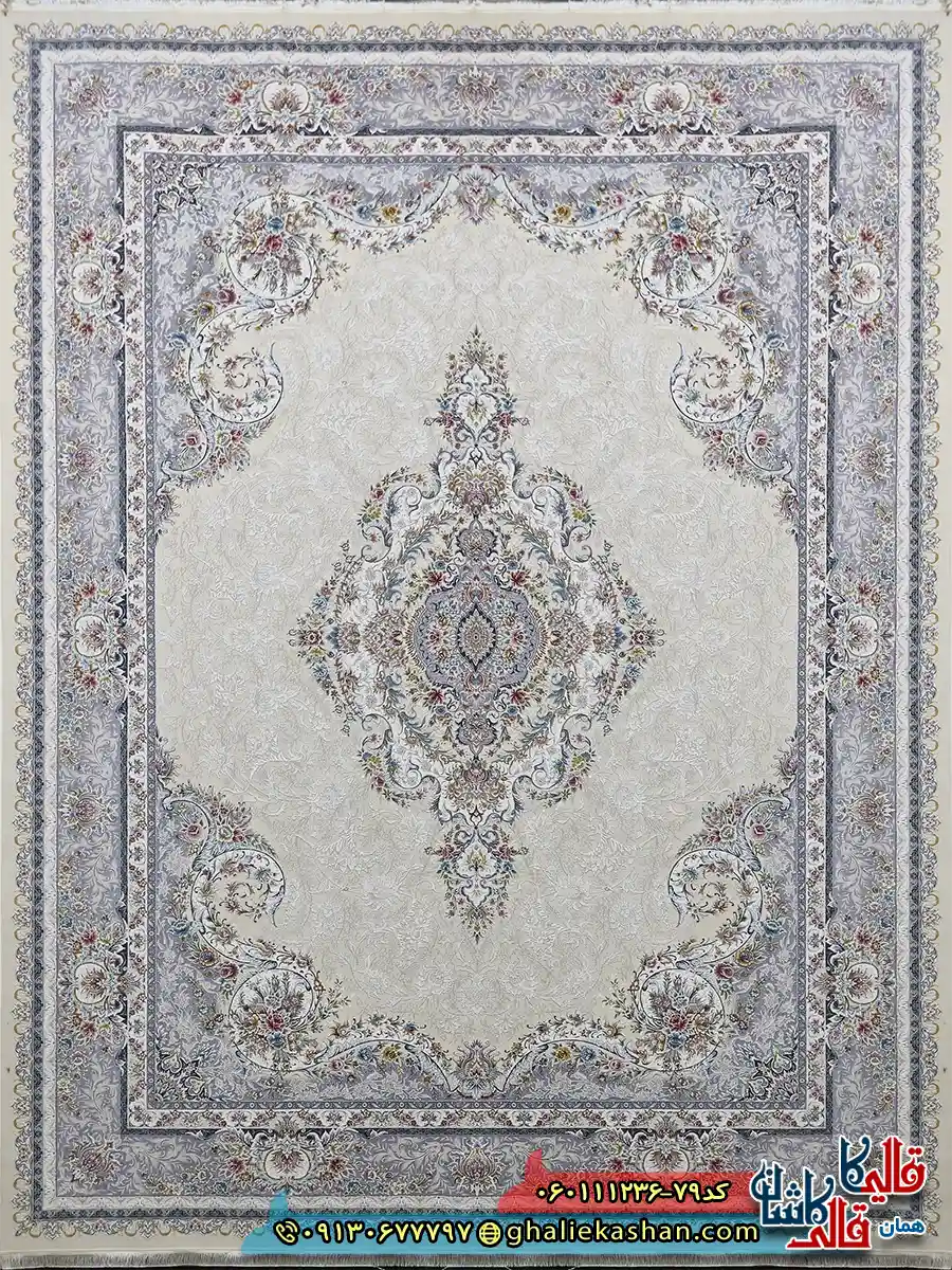 فرش 1200 شانه طرح تبریز رنگ کرم گل برجسته کاشان اصلی