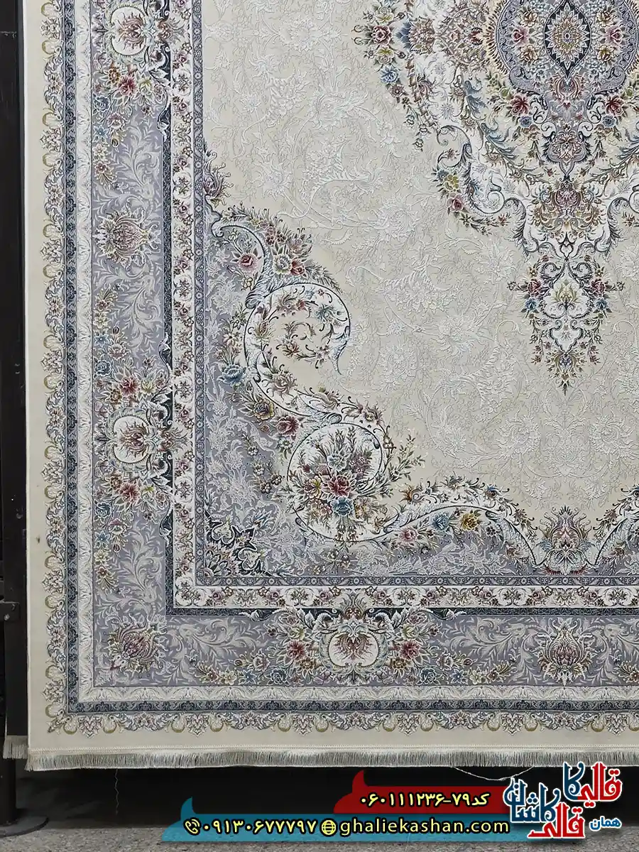 فرش 1200 شانه طرح تبریز رنگ کرم گل برجسته کاشان حاشیه