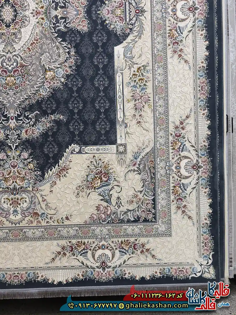 فرش 1200 شانه طرح فرانک رنگ طوسی دودی گل برجسته کاشان حاشیه