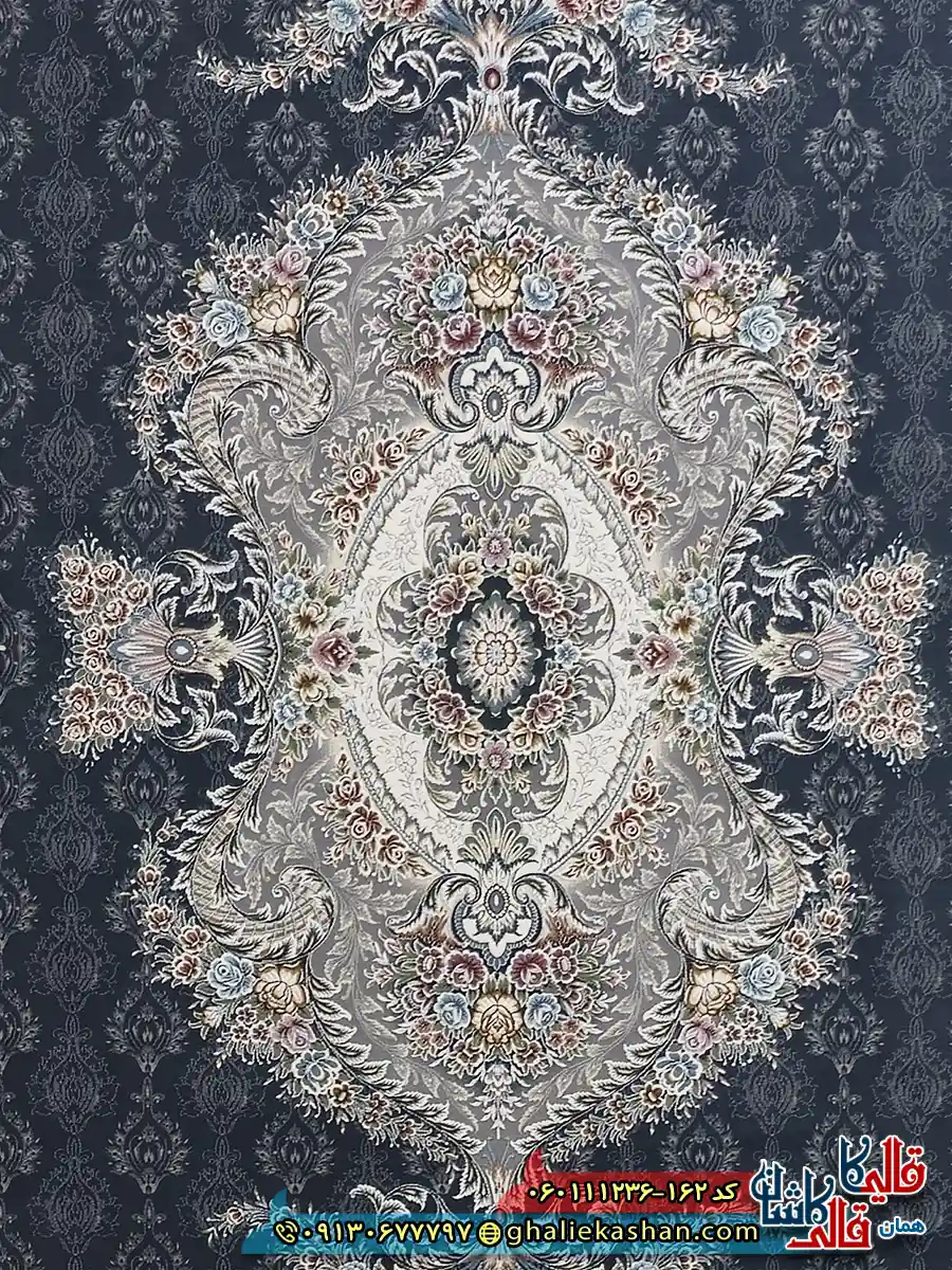 فرش 1200 شانه طرح فرانک رنگ طوسی دودی گل برجسته کاشان زمینه